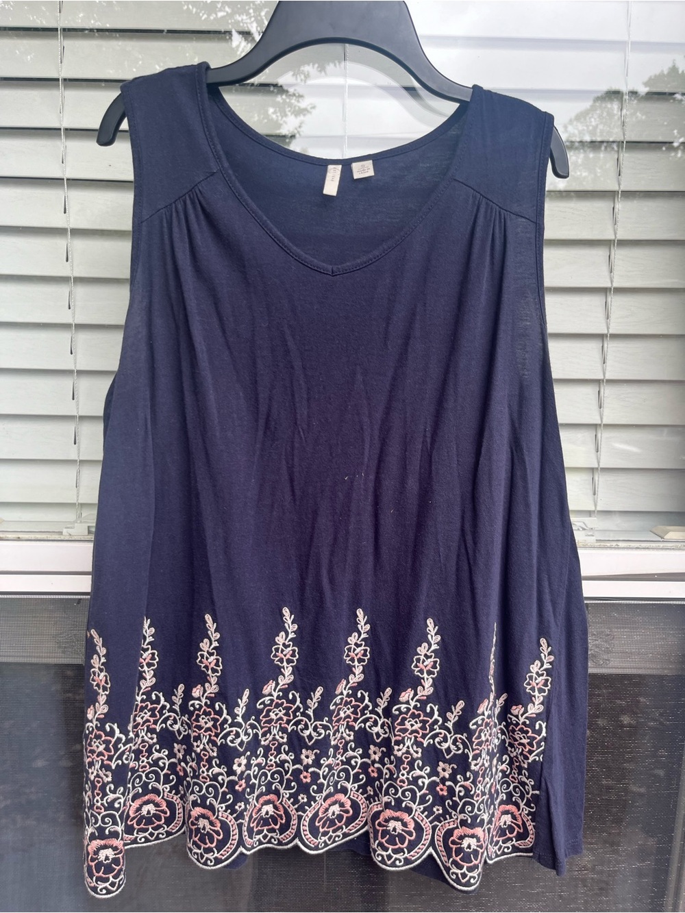 Cato Navy Tank Top with Pink & Cream Embroidered Hem